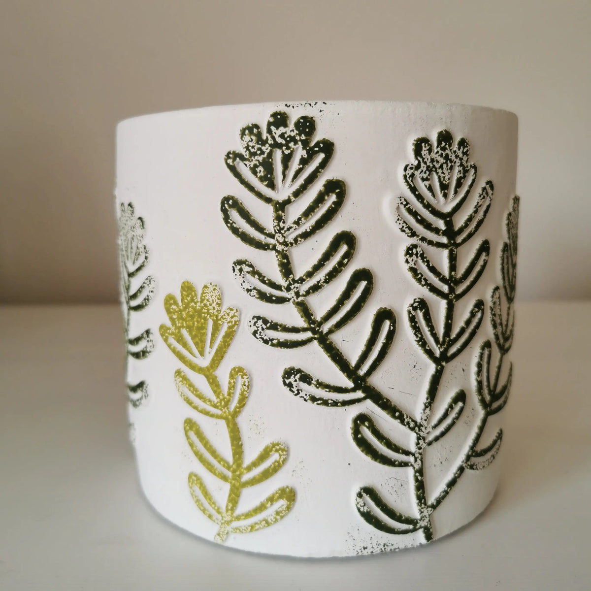 Cement Plant Pot – Embossed Green Leaf Design, Two Sizes   Handcrafted Sustainable Living  Almasea