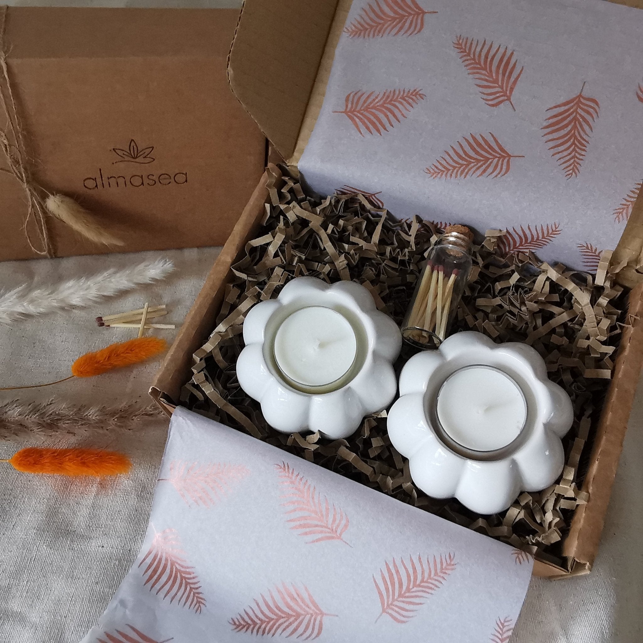 Set of two ceramic pumpkin tea light holders and matches