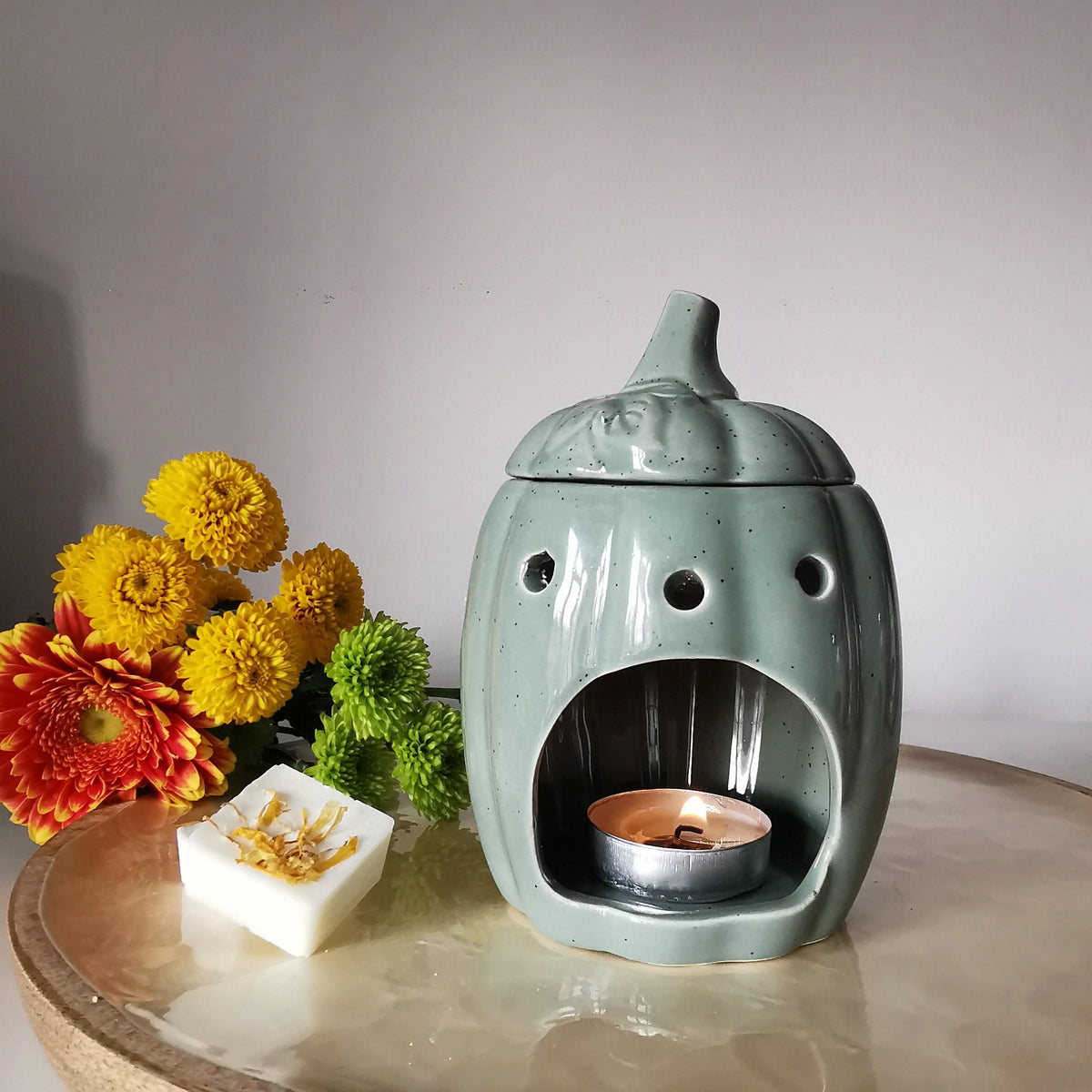 Sage Green Pumpkin Wax Burner – Speckled Ceramic with Lid   Handcrafted Sustainable Living  Almasea
