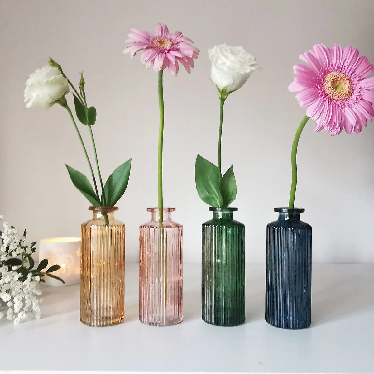 Coloured Ribbed Glass Bud Vase – 13.2cm Single Stem Bud Vase for Dried Flowers   Handcrafted Sustainable Living  Almasea