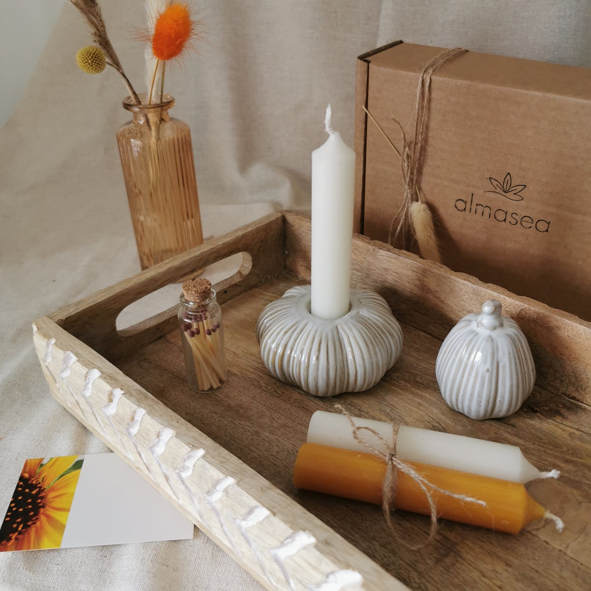 Set of ribbed ceramic rustic pumpkin candlestick holder and ornament