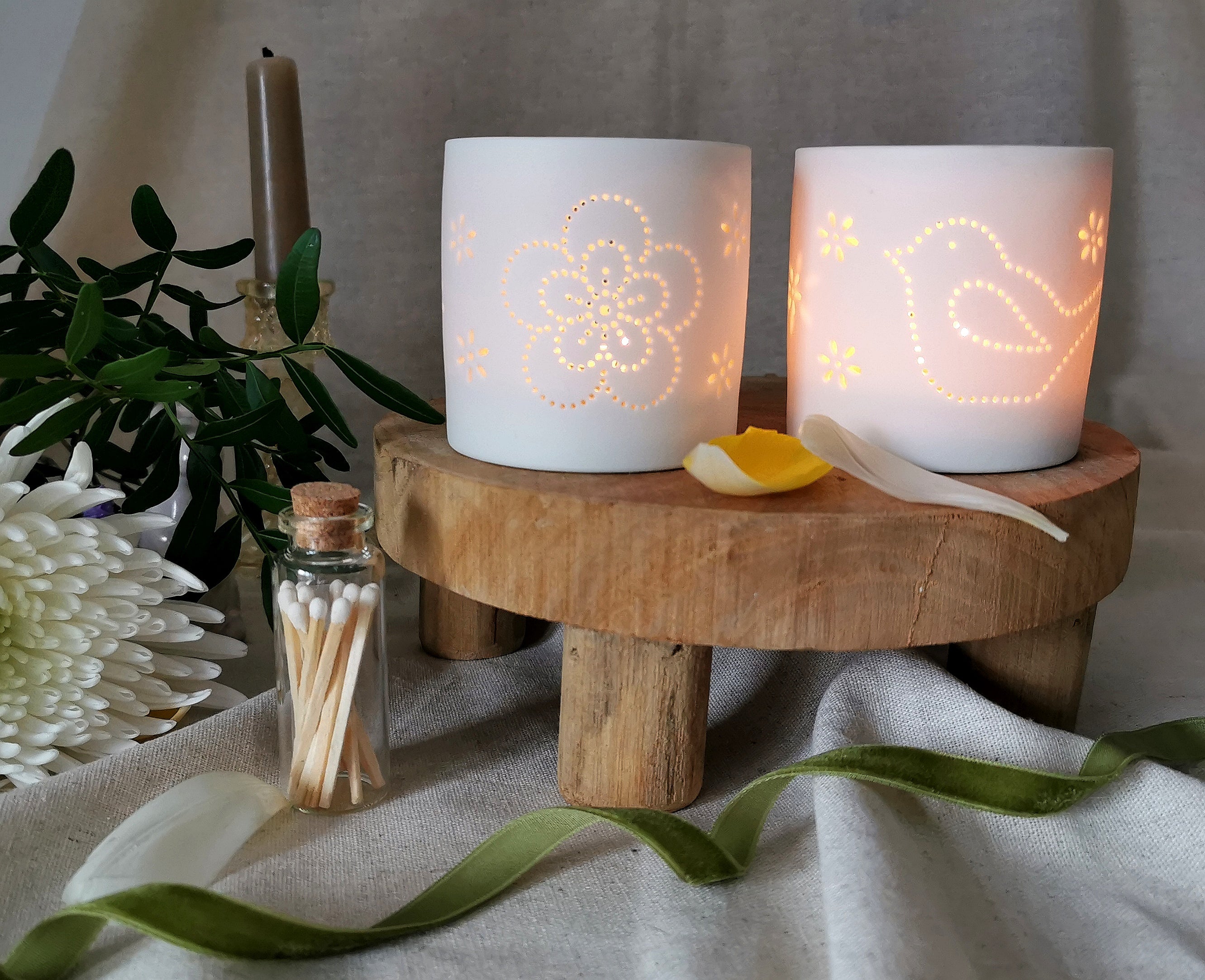Flower & Bird Tealight Holder Set with Matches