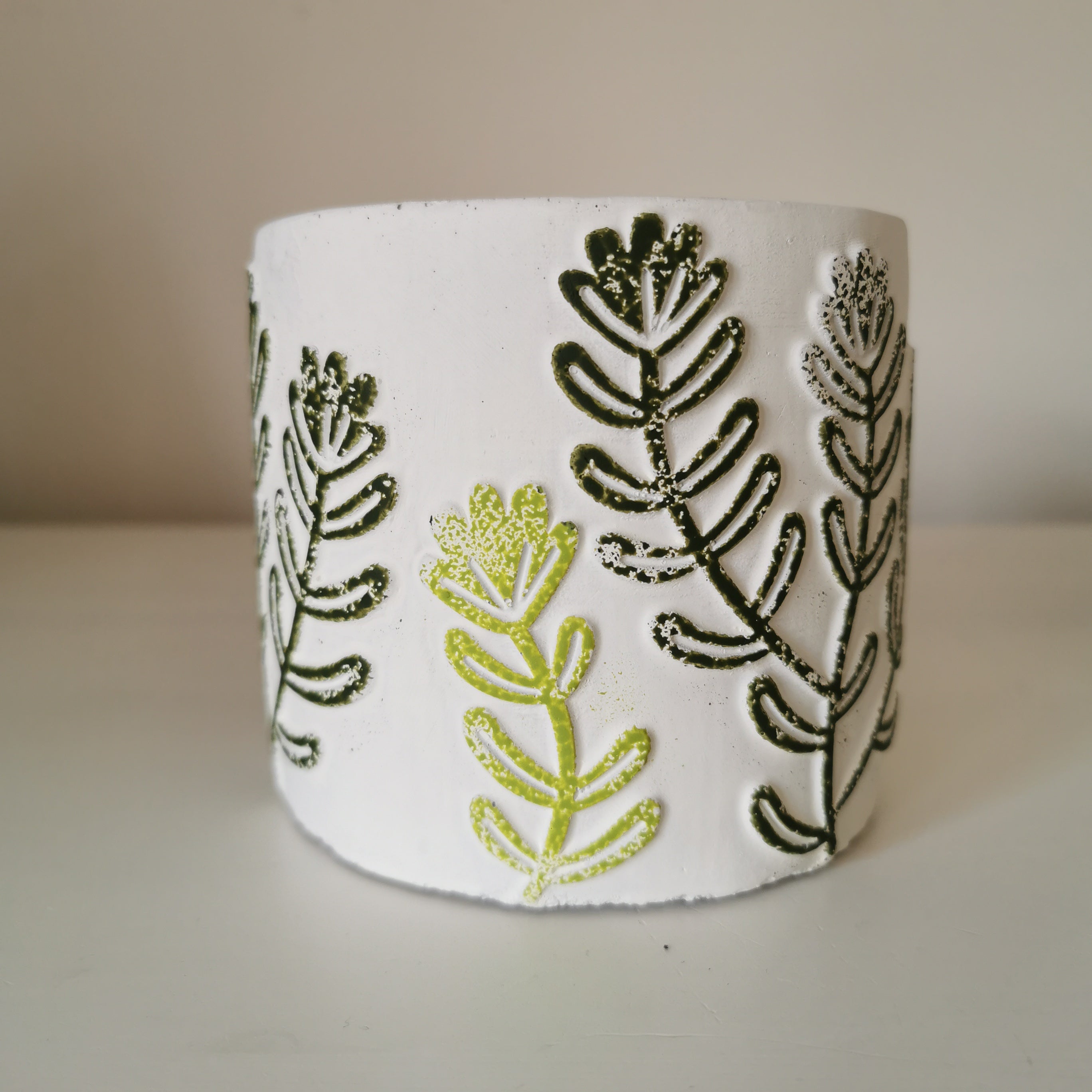 Cement Floral Plant Pot Green White Unique Design 11cm, 14 cm