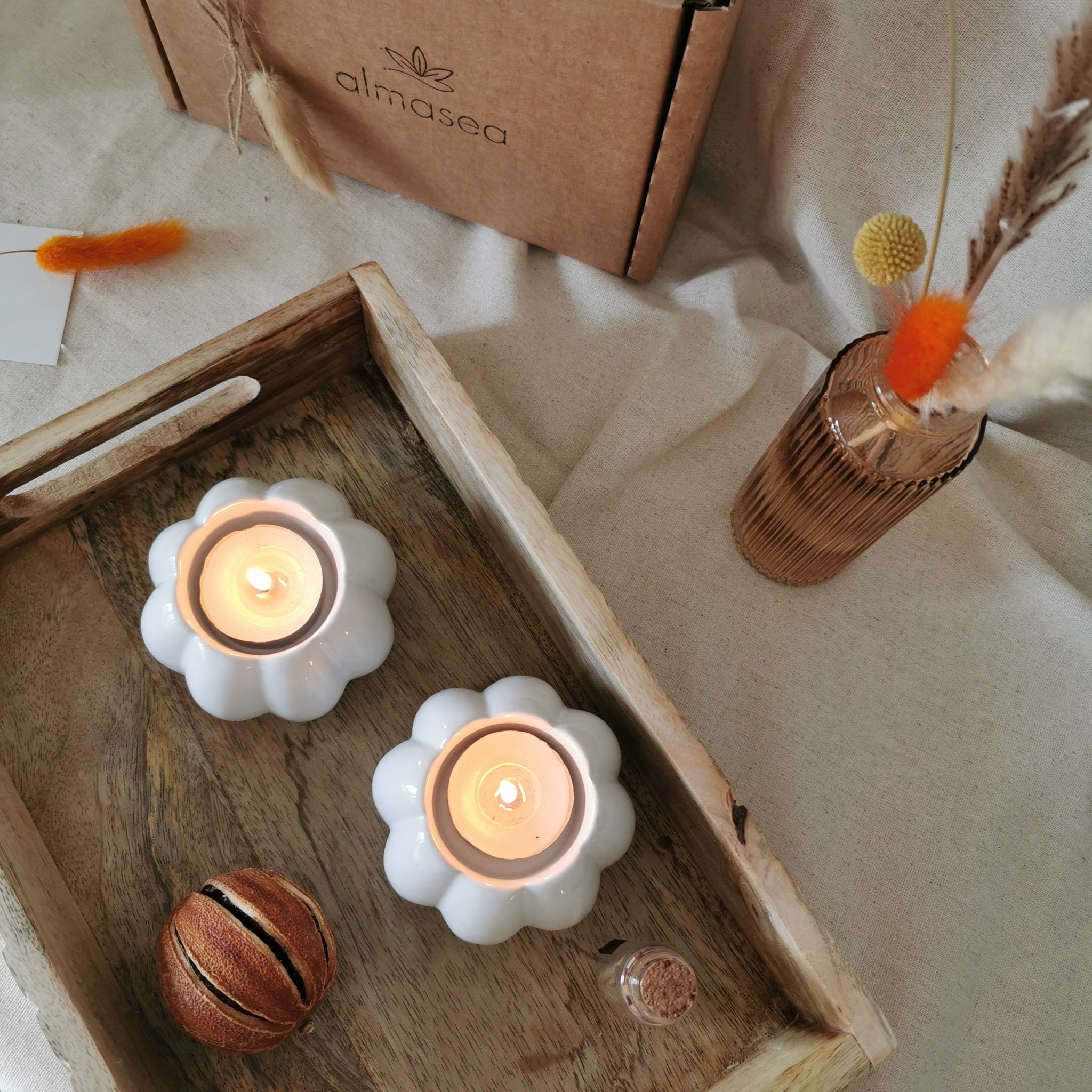 Set of two ceramic pumpkin tea light holders and matches