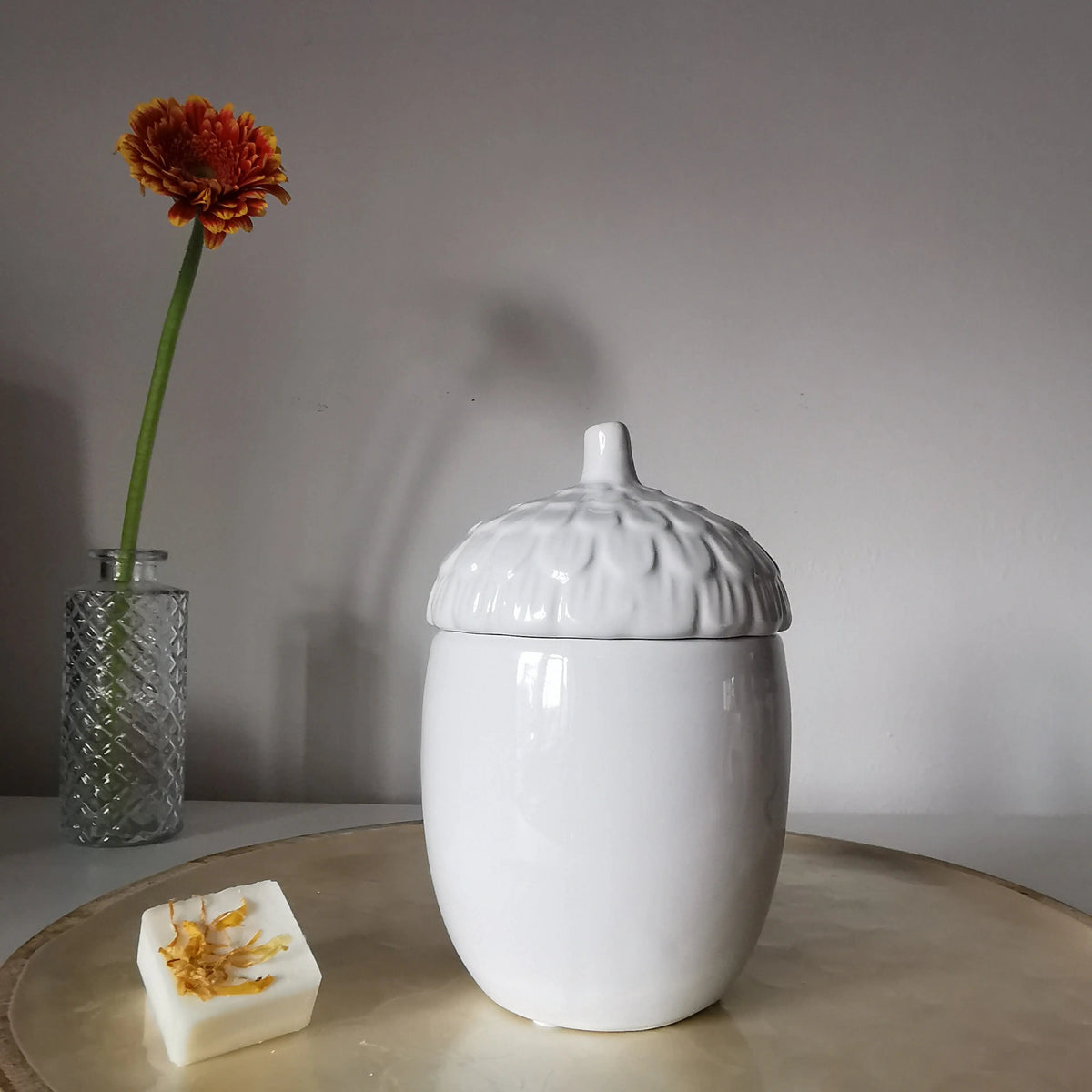 Acorn Wax Melt Burner – Glossy White Ceramic with Lid   Handcrafted Sustainable Living  Almasea