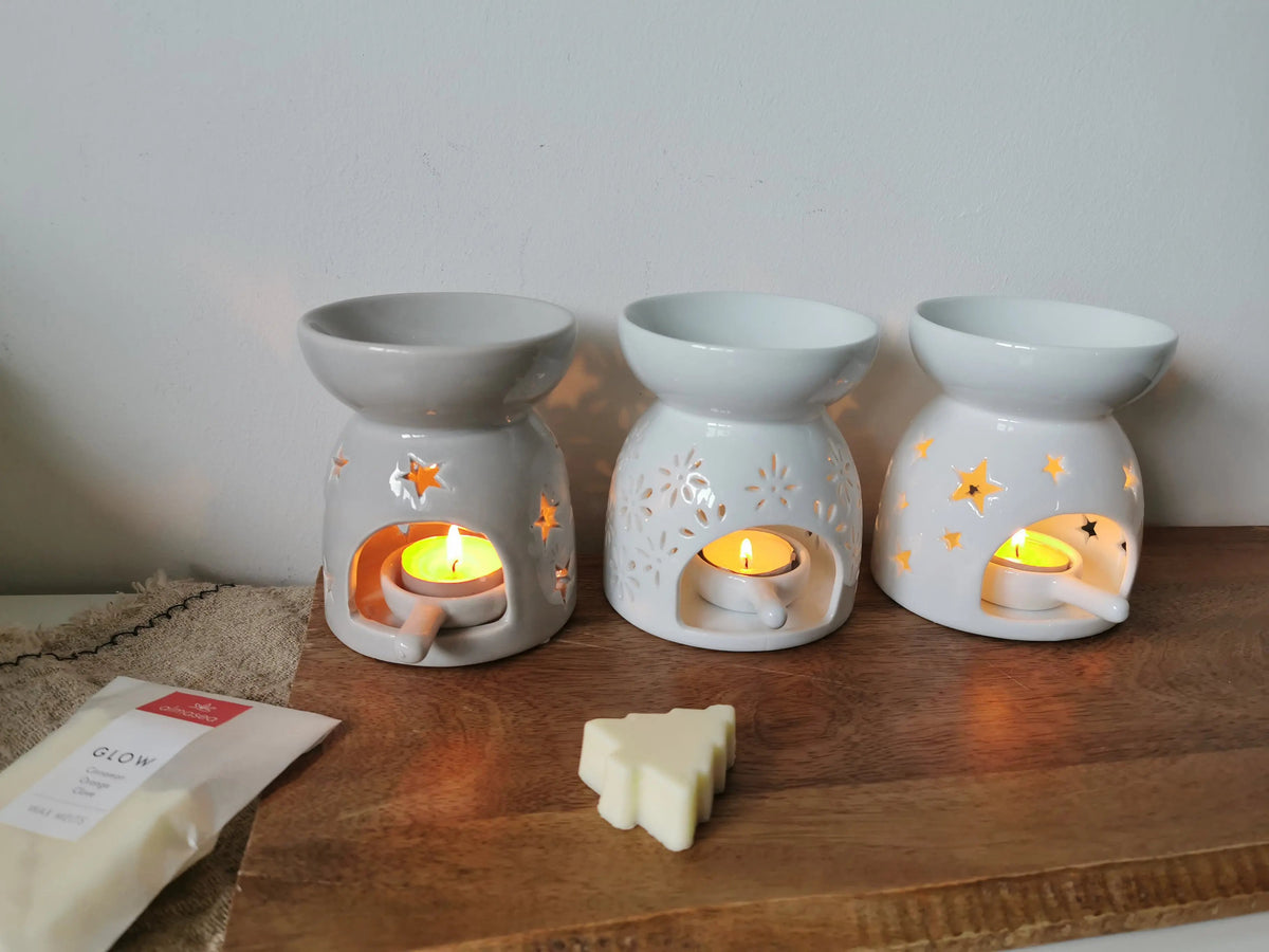 Ceramic Cut-Out Wax Melt Burner – Flower & Star Designs | White & Grey | Tea Light Spoon Included | 11.5cm | Gift Boxed with Winter Foliage   Handcrafted Sustainable Living  Almasea