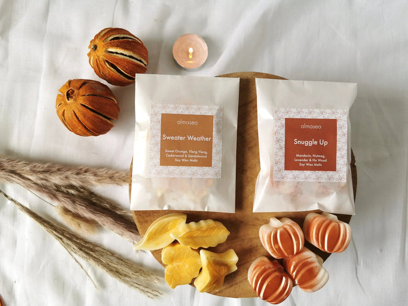 Autumn Wax Melts UK – Soy Wax Melts Gift Set | Sweater Weather & Snuggle Up | Leaf & Pumpkin Shaped | Hand-Poured   Handcrafted Sustainable Living  Almasea