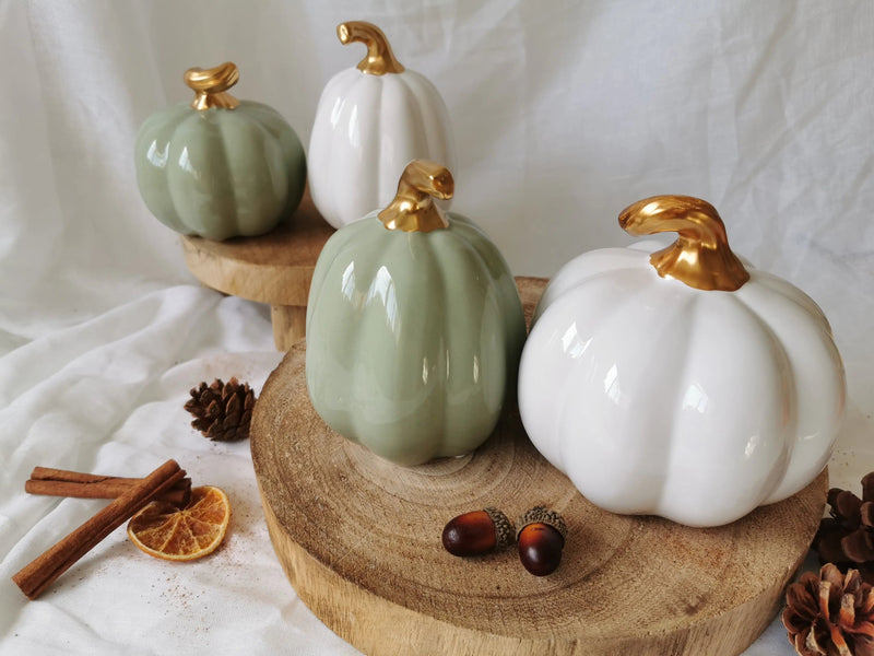 White & Sage Green Ceramic Pumpkin Ornament – Gold Stalk Autumn & Halloween Home Décor   Handcrafted Sustainable Living  Almasea