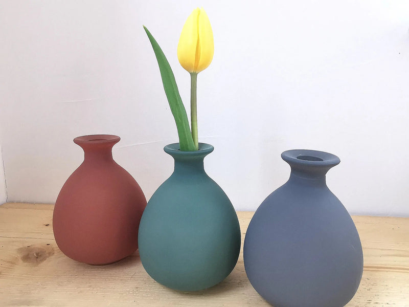 Matt Glass Bud Vase – Bottle Shaped | Orange, Grey & Green | 12cm Coloured Vase for Dried Flowers, Autumn & Home Décor   Handcrafted Sustainable Living  Almasea