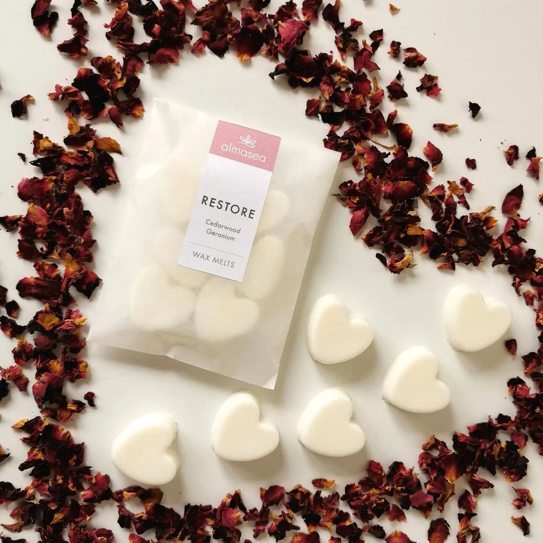 Restore Aromatherapy Soy Wax Melts | Heart Shaped | Cedarwood, Geranium & Spices | 48hrs   Handcrafted Sustainable Living  Almasea