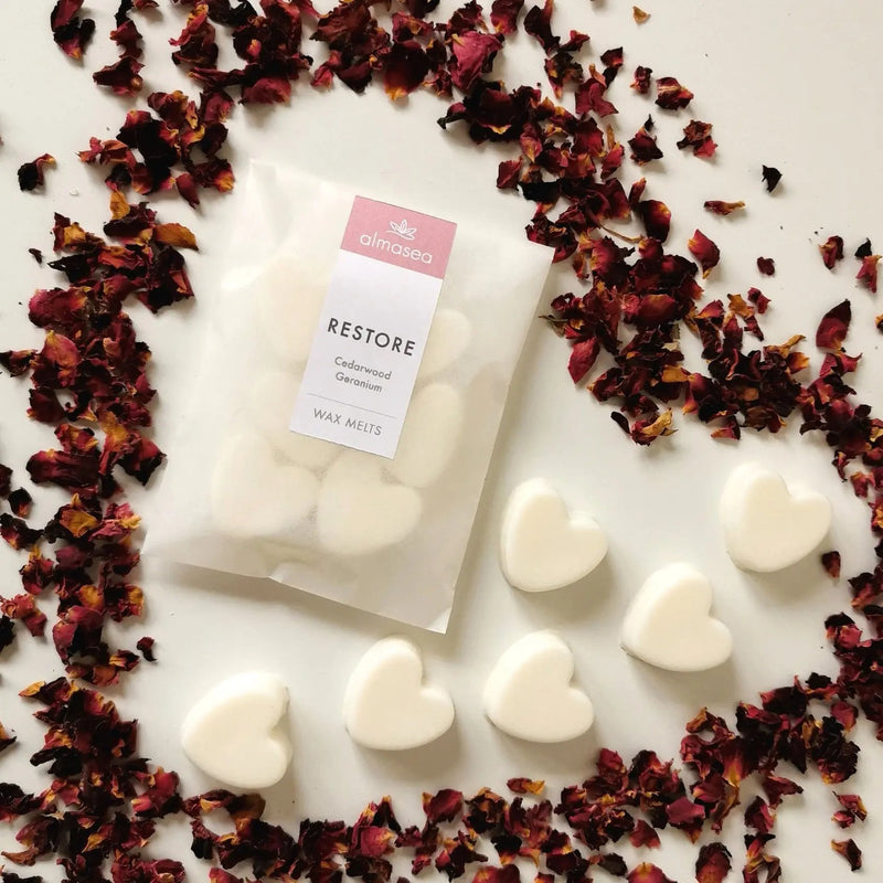 Restore Aromatherapy Soy Wax Melts | Heart Shaped | Cedarwood, Geranium & Spices | 48hrs   Handcrafted Sustainable Living  Almasea