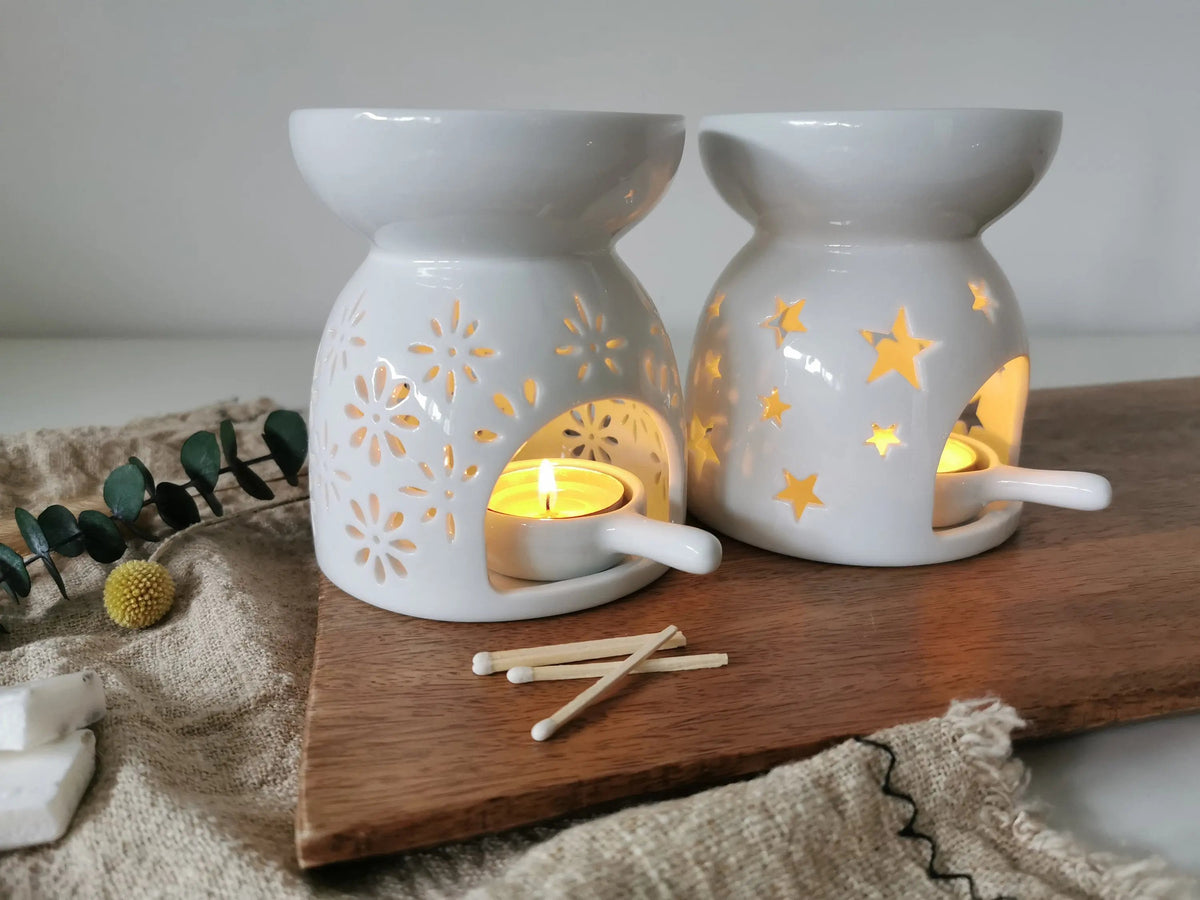 Ceramic Cut-Out Wax Melt Burner – Flower & Star Designs | White & Grey | Tea Light Spoon Included | 11.5cm | Gift Boxed with Winter Foliage   Handcrafted Sustainable Living  Almasea