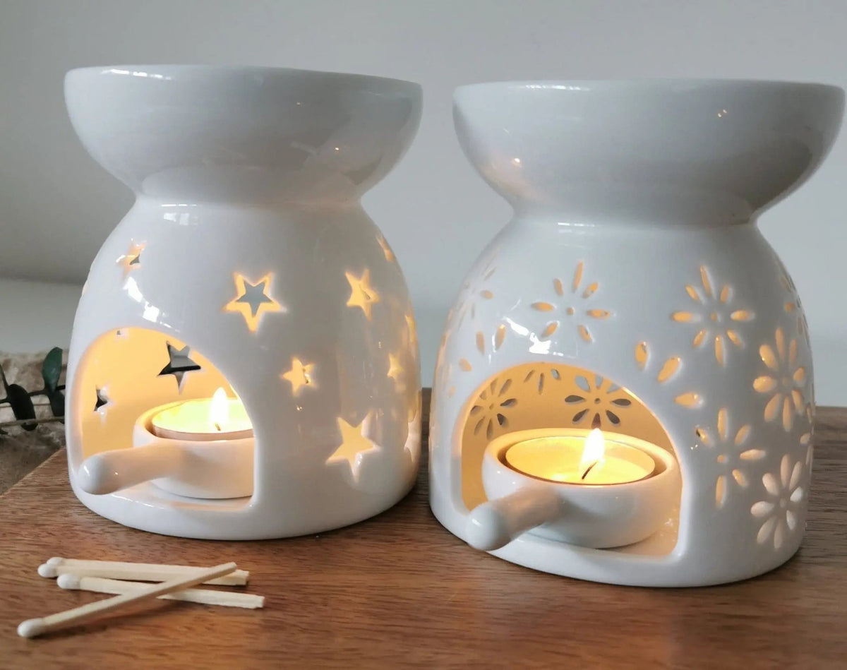 Ceramic Cut-Out Wax Melt Burner – Flower & Star Designs | White & Grey | Tea Light Spoon Included | 11.5cm | Gift Boxed with Winter Foliage   Handcrafted Sustainable Living  Almasea