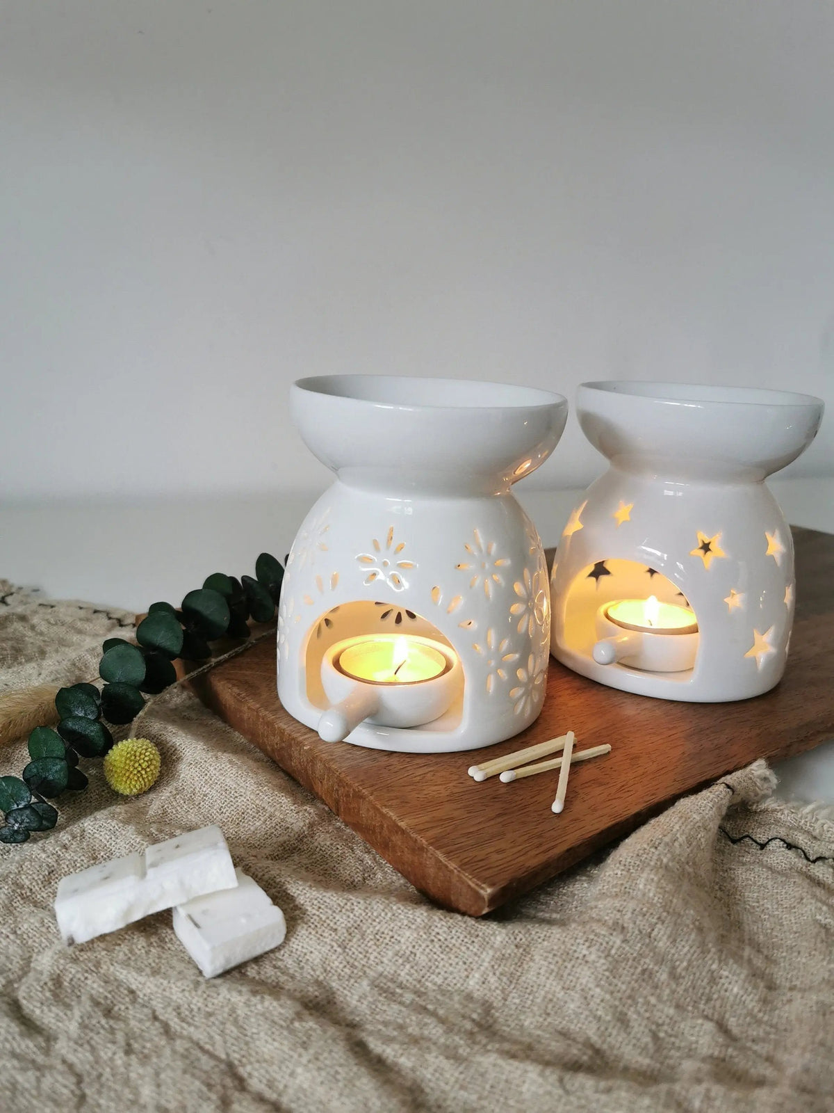 Ceramic Cut-Out Wax Melt Burner – Flower & Star Designs | White & Grey | Tea Light Spoon Included | 11.5cm | Gift Boxed with Winter Foliage   Handcrafted Sustainable Living  Almasea