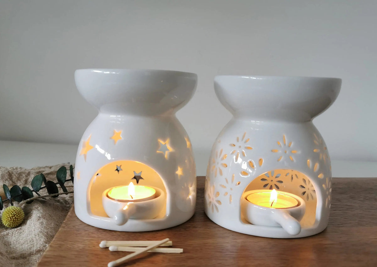 Ceramic Cut-Out Wax Melt Burner – Flower & Star Designs | White & Grey | Tea Light Spoon Included | 11.5cm | Gift Boxed with Winter Foliage   Handcrafted Sustainable Living  Almasea